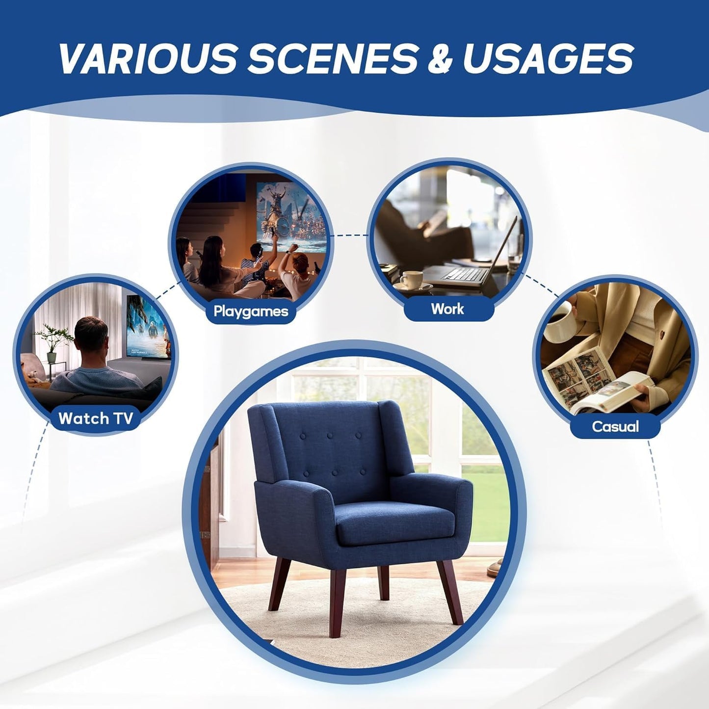 HUIMO Accent Chairs Set of 4, Upholstered Button Tufted Armchair, Linen Fabric Sofa Chairs for Bedroom, Living Room, Mid Century Modern Comfy Reading Chair (4, Dark Blue)