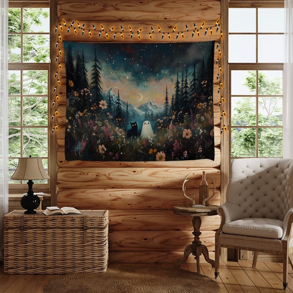 Whimsical Halloween Tapestry Wall Hanging Ghost and Black Cat in Magical Forest Wildflowers Meadow Tapestry Art Print Charming Spooky Fall Season Tapestries for Living Room Bedroom Decor 40x60inch