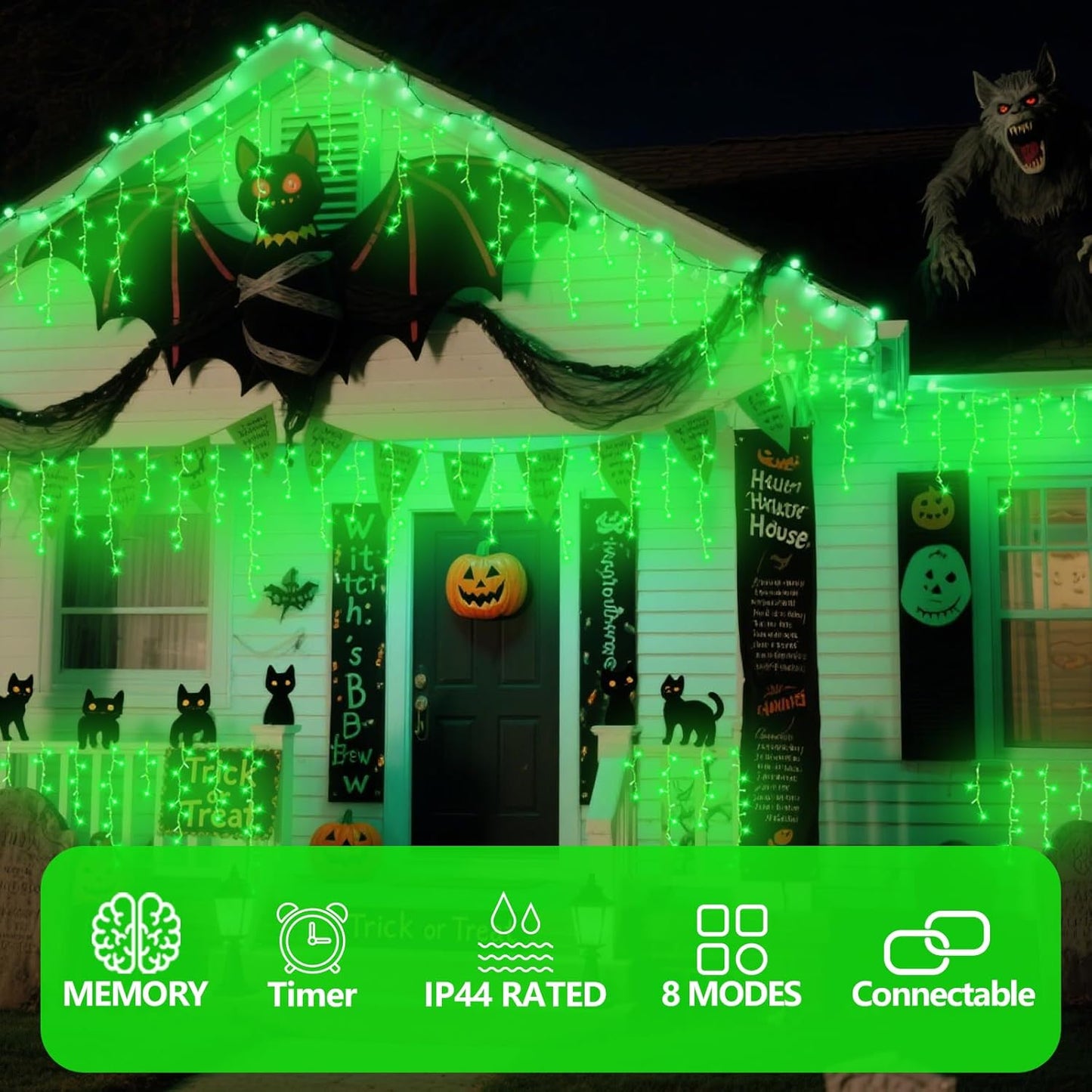 QITONG Green Icicle Lights for Outside, 66ft 800 LED Halloween Light Plug in with 8 Modes, Clear Wire Connectable Christmas Lights Indoor with 160 Drops