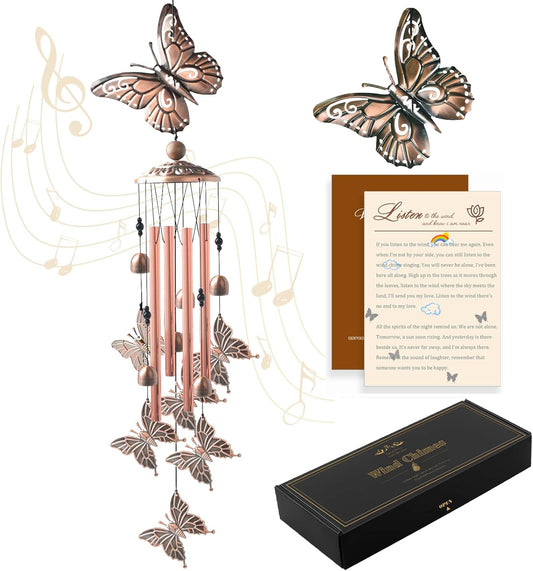 Wind Chimes for Outside, 33" Butterfly Wind Chimes Outdoor, Birthday Gifts for Women Mom Sister, Gift for Garden Porch Patio Home Decor (Golden)