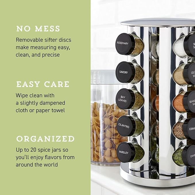 Kamenstein 20 Jar Revolving Countertop Spice Rack with Spices Included, FREE Spice Refills for 5 Years, Polished Stainless Steel with Black Caps, 30020 (Pack of 3)