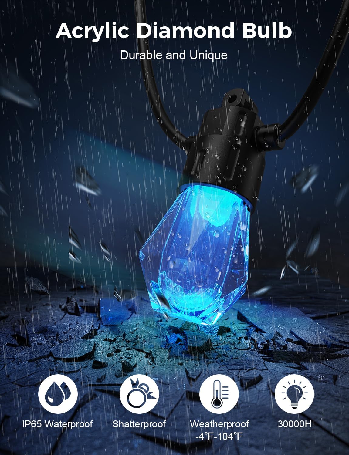 XMCOSY+ 48FT Smart Outdoor String Lights - RGBCWIC Dimmable Acrylic Bulbs, Color Changing LED Patio Lights APP WiFi Control, Compatible with Alexa, IP65 Waterproof Outside Lights for Yard Porch