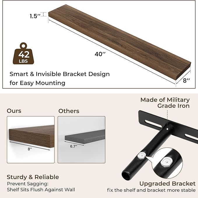 RICHFOCUS 40Inch Floating Shelves for Wall 2 Pack Shelves for Bedroom|Kitchen|Bathroom Wall Mounted Rustic Wood Floating Shelf with Invisible Brackets for Books|Storage|Decor, Walnut