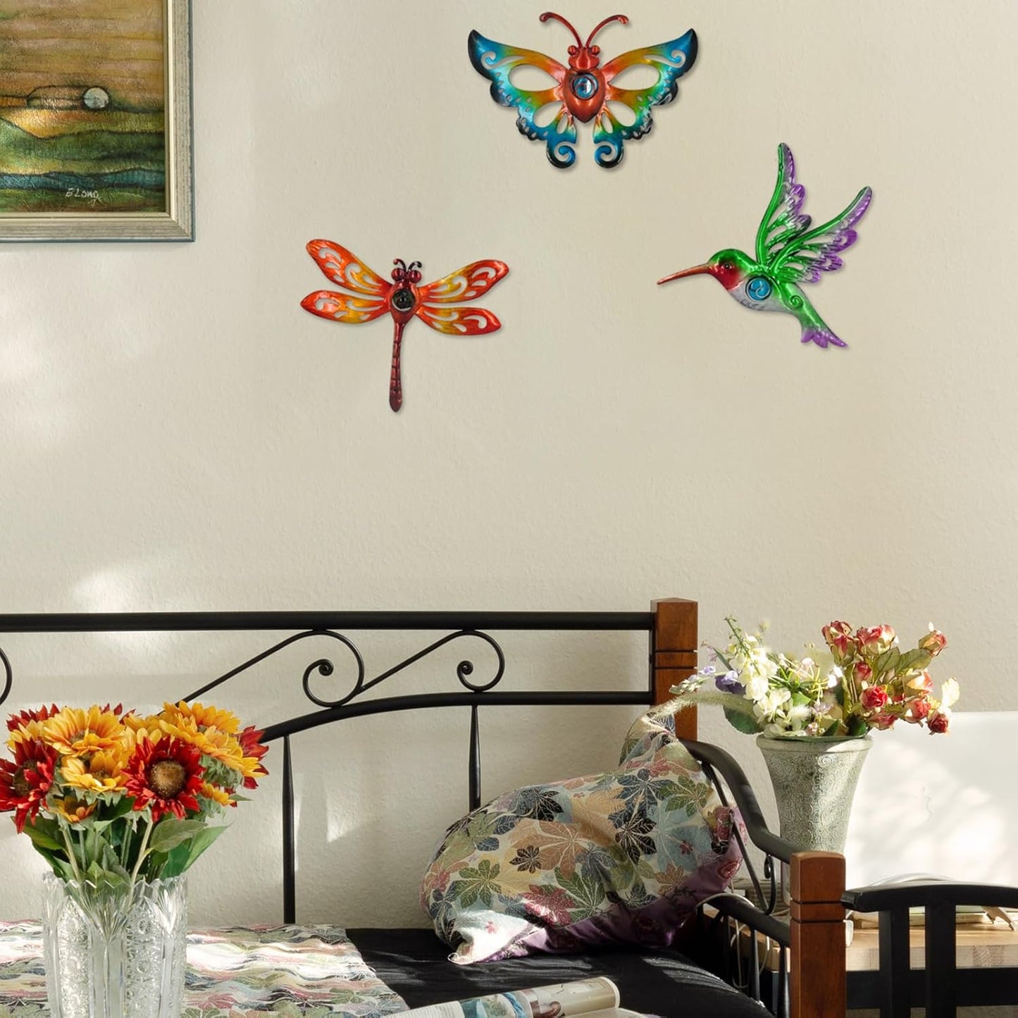 Hummingbird Butterfly Dragonfly Metal Wall Decor Outdoor Metal Wall Art Fence Decor Hanging Decorations for Garden Living Room Bedroom, Style 3