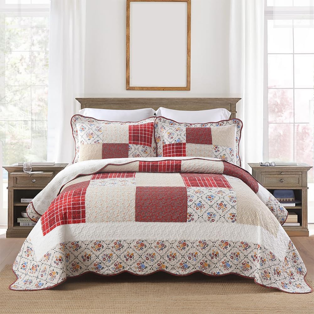 Cotton Bedspread Quilt Bedding Sets 3 Pieces Reversible Coverlet Sets Comforters Vintage Red White Rose Floral Patchwork Bedspread, Queen Size
