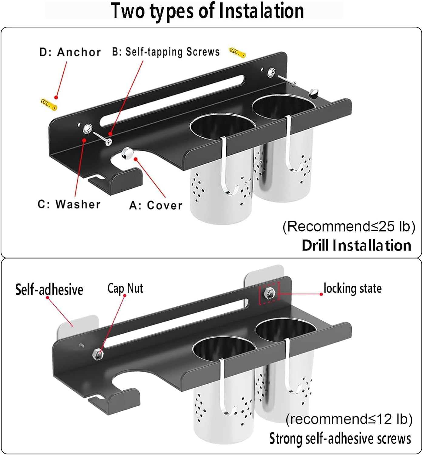 junyuan Hair Tool Organizer Wall Mount,Self Adhesive Hair Dryer Holder for Bedroom & Bathroom,Blow Dryer Holder for Dyson Hair Dryer,Stainless Steel Cups for Medium or Small Bathroom Storage 4" Width