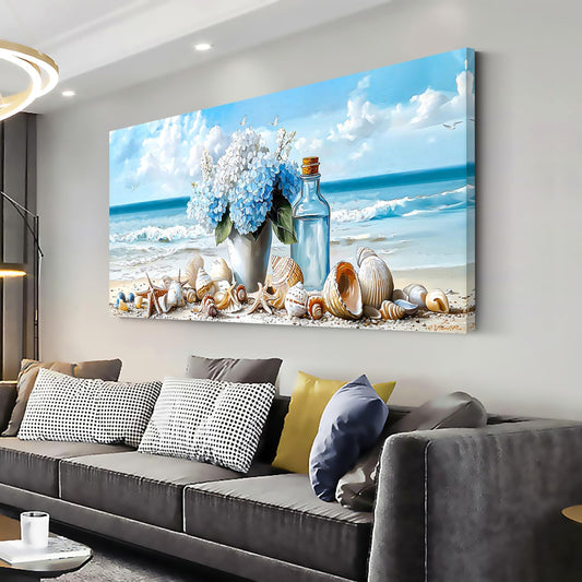 LASMOND Romantic Beach Wall Art for Living Room Blue Shells Conch Vase Canvas Prints Modern Large Flower Bottle Bedroom Ocean Artwork Decor (58x28 Inches)