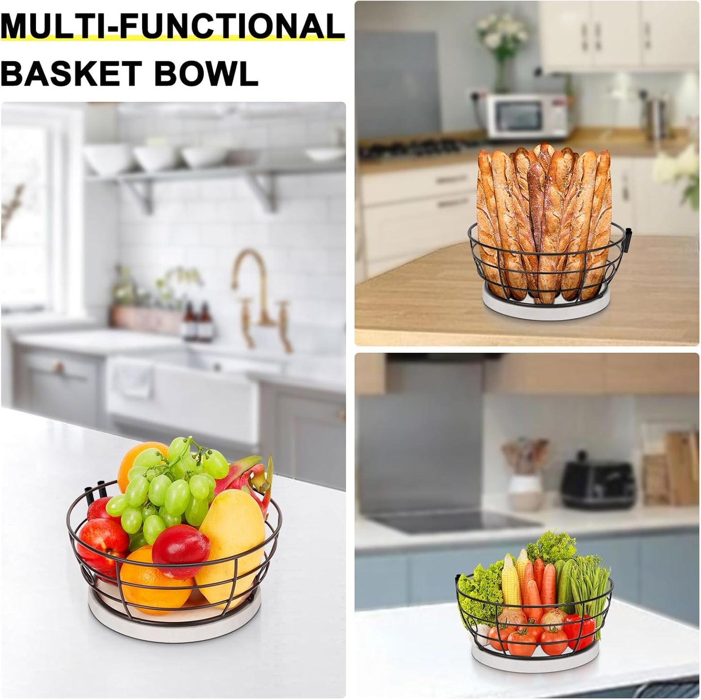 Livabber Countertop Fruit Basket Bowl with Banana Hanger, Modern Standing Fruit Vegetable Bowl Storage, with Banana Tree Holder for Kitchen Dinning Table (Round Marble, Black)