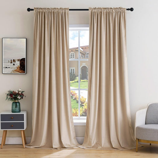 MIULEE Camel Beige Velvet Curtains Thermal Insulated Blackout Curtain Drapes for Bedroom Living Room Darkening 90 Inches Long Curtains Panels Rod Pocket Set of 2