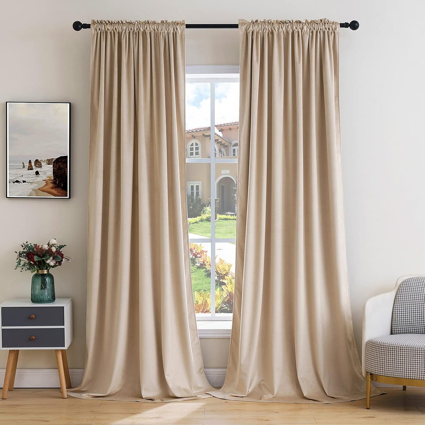 MIULEE Camel Beige Velvet Curtains Thermal Insulated Blackout Curtain Drapes for Bedroom Living Room Darkening 84 Inches Long Curtains Panels Rod Pocket Set of 2