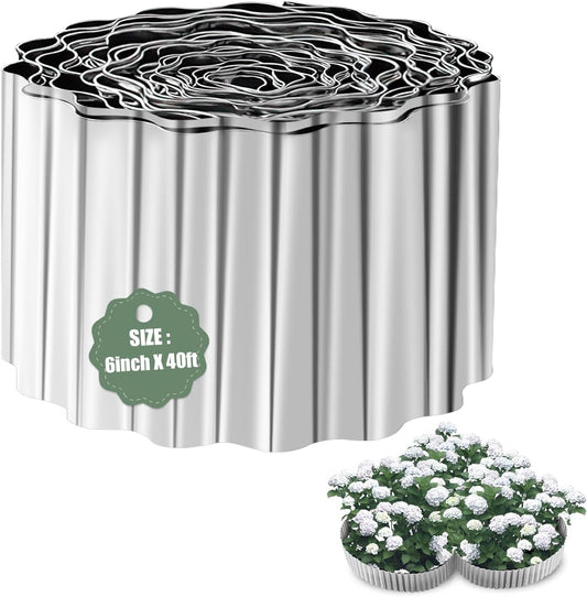 Corrugated Metal Garden Edging - 6 Inch X 40 FT Landscape Edging Border, Flexible Border for Garden Fence, Flower Bed, and Lawn (Silver)