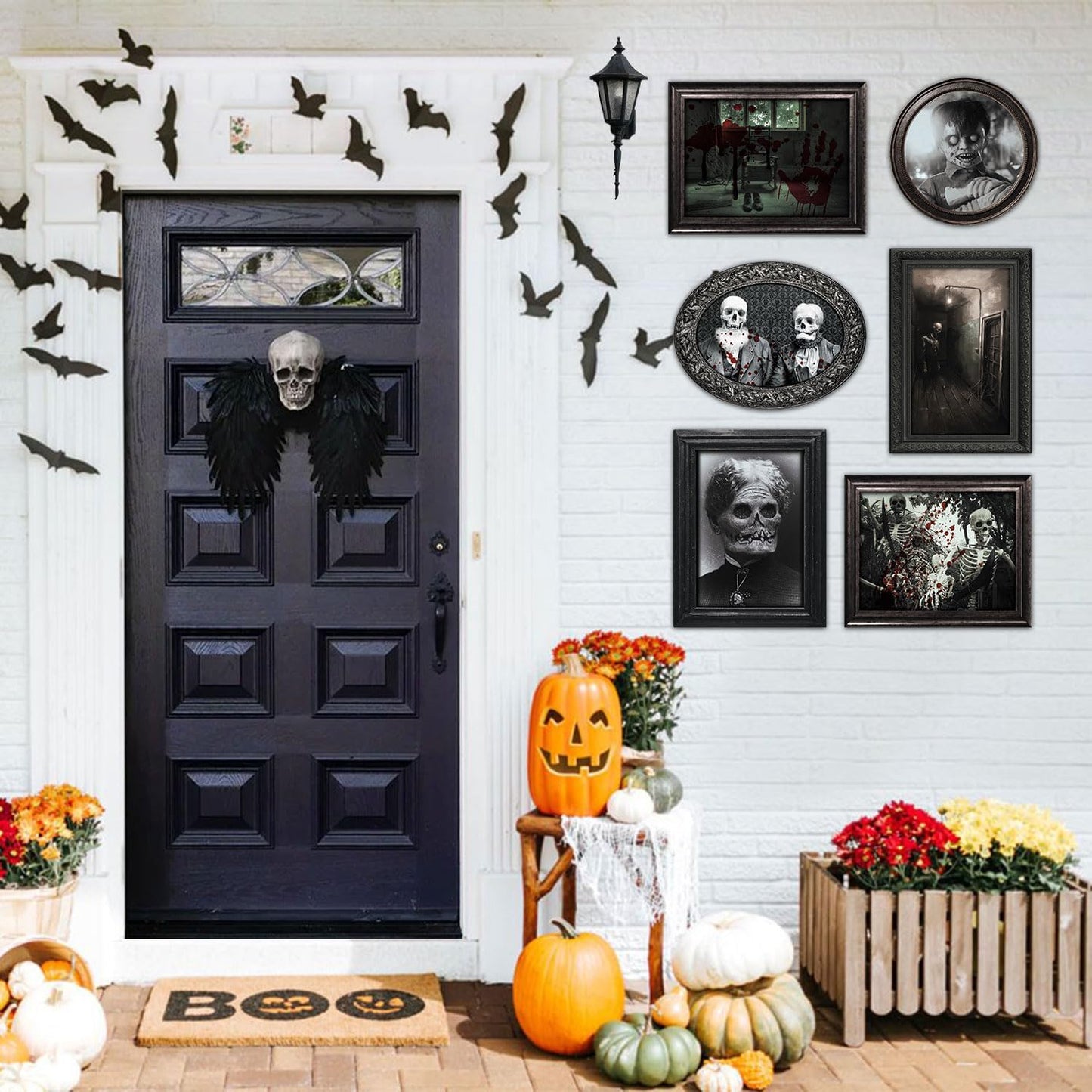 15 Halloween Gothic Creepy Skull Photos Haunted Horror Picture Frame, Waterproof Durable, with 80pcs Self Adhesive Dots，Creepy Photo Decoration For Haunted Family Castle Masquerade Party Black
