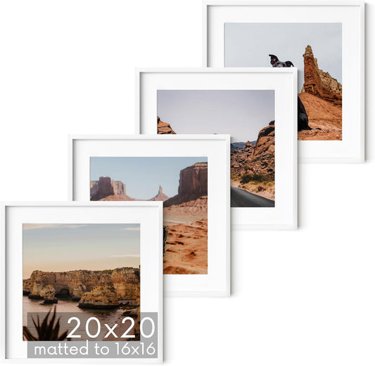 HAUS AND HUES 20x20 White Metal Picture Frames Matted to 16x16 - Features Premium Aluminum & Hanging Hardware, Shatterproof Plexiglass - Ideal for Home, Room, Office (20x20 in, White, Set of 4)