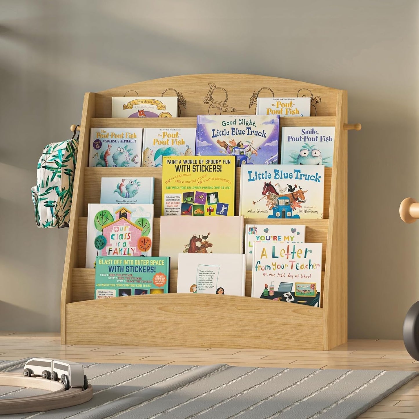 5-Tier Kids Bookshelf Montessori Toddler Book Rack Baby Bookcase Floor Front Facing Magazine Display Shelf for Bedroom Playroom Nursery Classroom Kindergarten Wood (Natural)