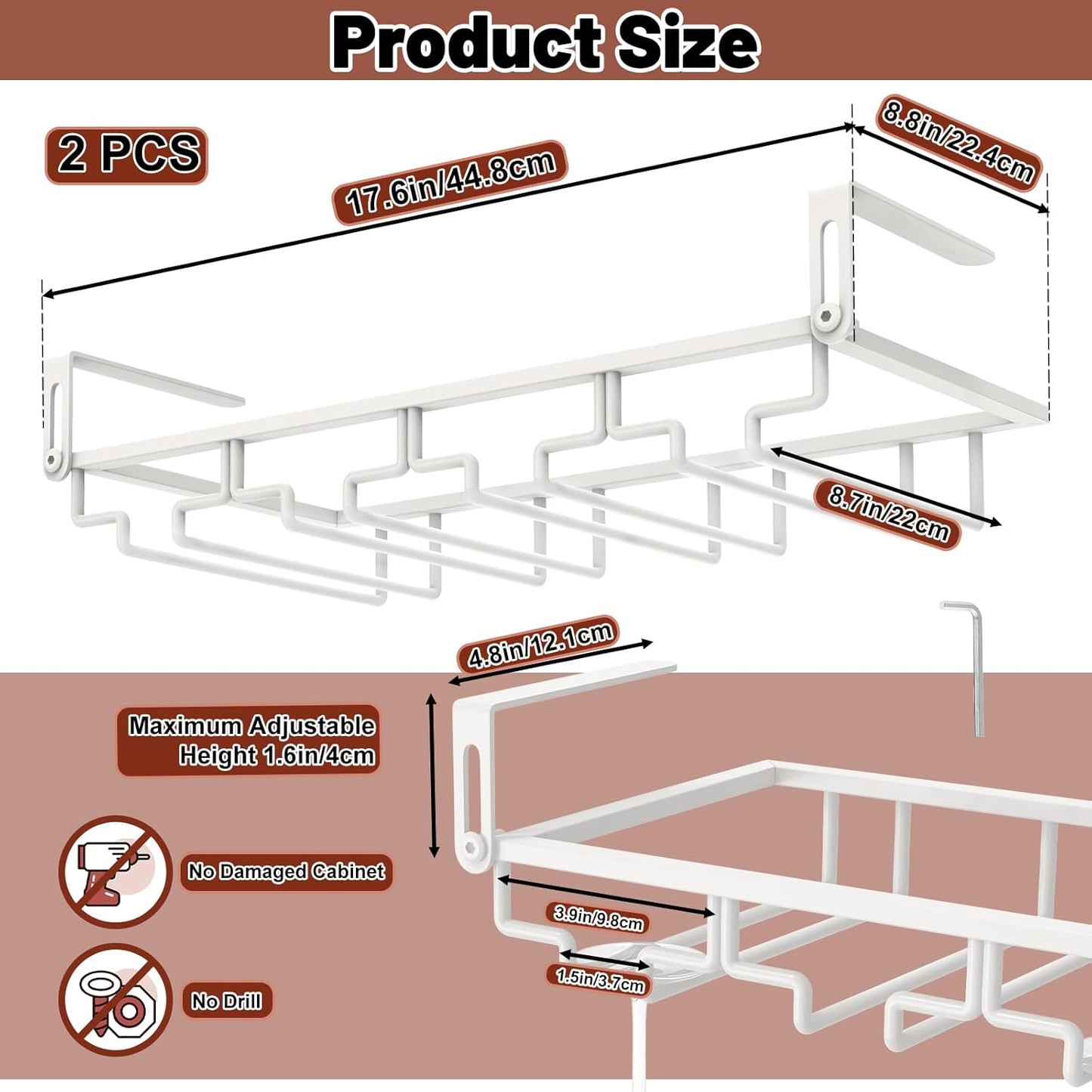 AUHOKY 2Pcs Adjustable Wine Glass Rack Under Cabinet, Punch-Free 4 Rows Stemware Wine Glass Metal Holder, Hanging Wine Glasses Storage Hanger Organizer for Shelf Kitchen Bar Decor(White, 4 Rows)