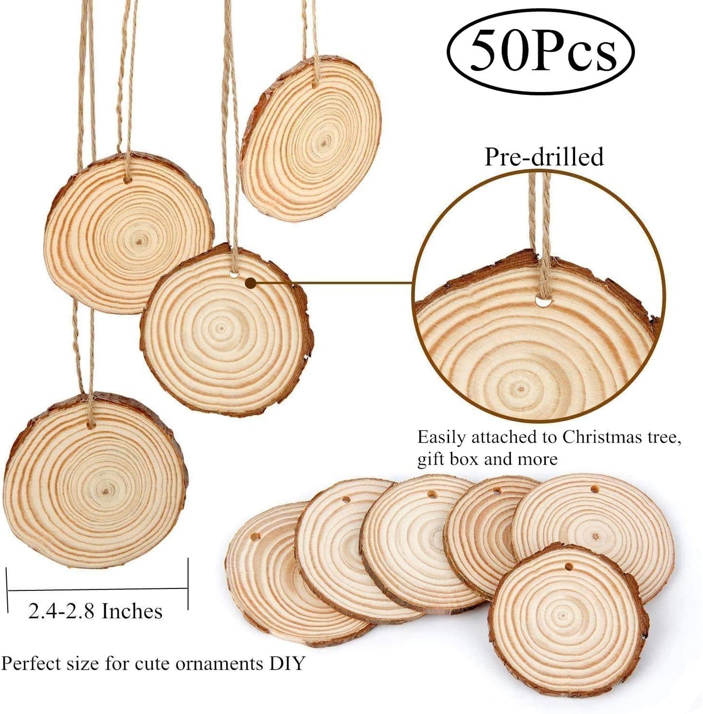 50 Pieces 2.4"-2.8" Natural Wooden Slices,Colovis Unfinished Wood Circles with Holes Tree Bark Round Log Discs DIY Crafts Hanging Ornaments (50 Pcs, Natural Wood)