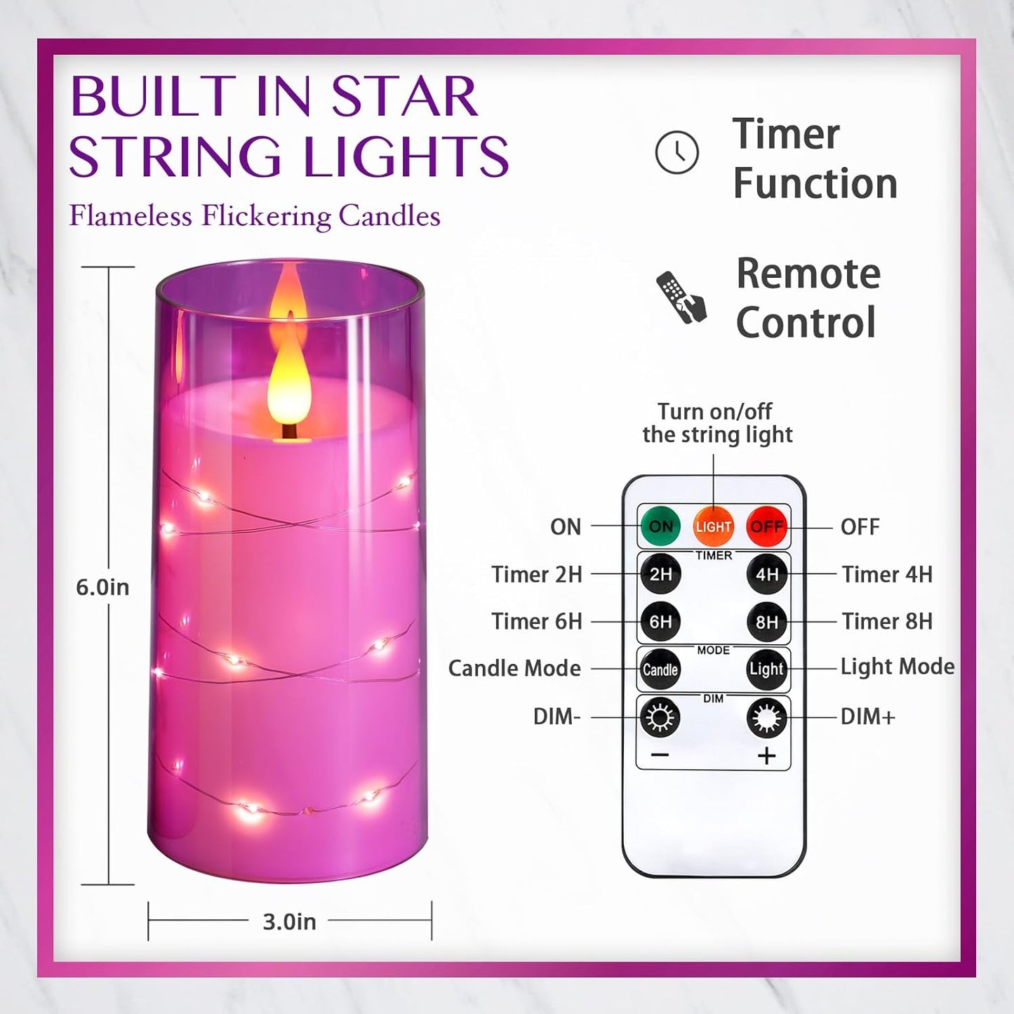 NURADA 3"x6"Flickering Flameless Candles: Built-in Star String Lights 3D Wick Battery Operated LED Pillar Candles with Remote and Timer for Table Wedding Centerpieces Party - 2 Pack Purple