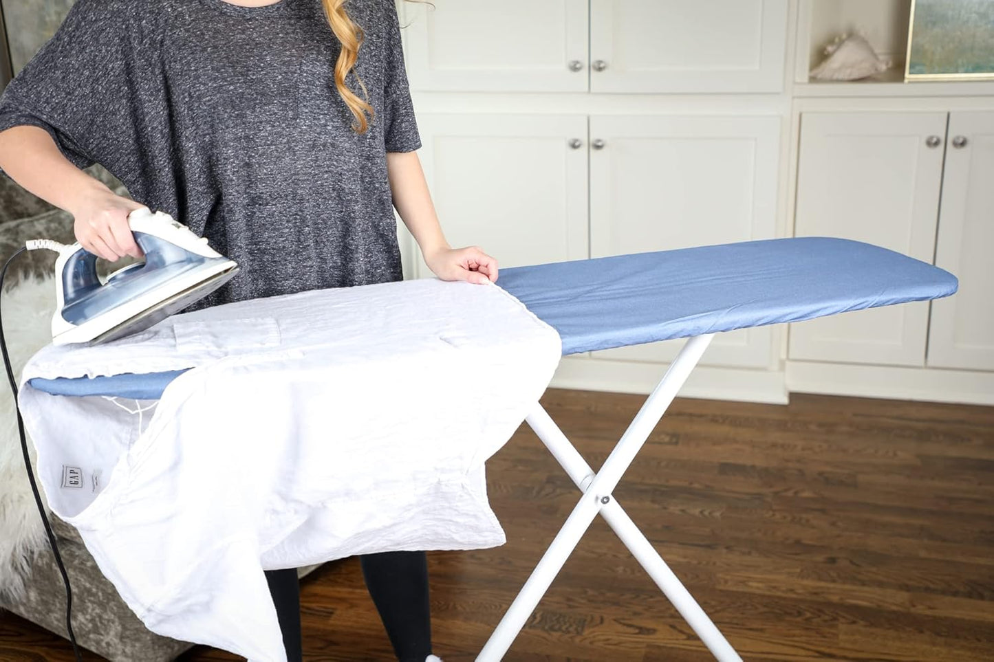 54" Full-Size Adjustable Ironing Board w/Thick Pad Cover, Leg Locking System, Foldable and Collapsible, Heavy-Duty Alloy Steel Construction, Space Saving Design - Blue