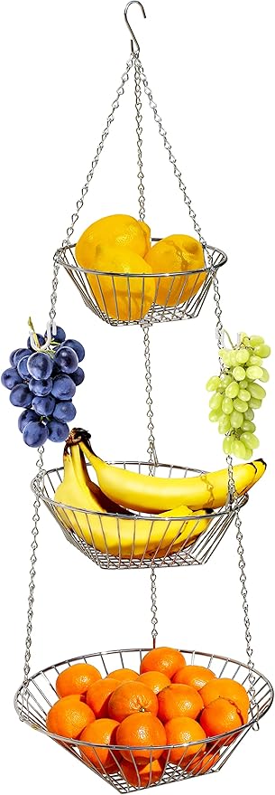 Deco Brothers Hanging Fruit Basket, 3-Tier, Chrome