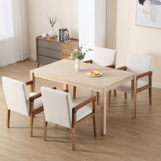 Kmax Modern Dining Chairs Set of 4 Linen Fabric Kitchen Arm Chairs Upholstered Accent Chairs with Wooden Legs for Dining Room, Living Room, Bedroom, White