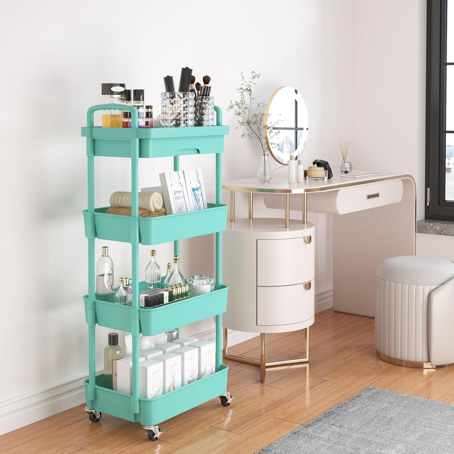 Calmootey 4-Tier Rolling Utility Cart with Drawer,Multifunctional Storage Organizer with Plastic Shelf & Metal Wheel,Storage Cart for Kitchen,Bathroom,Living Room,Office,Green