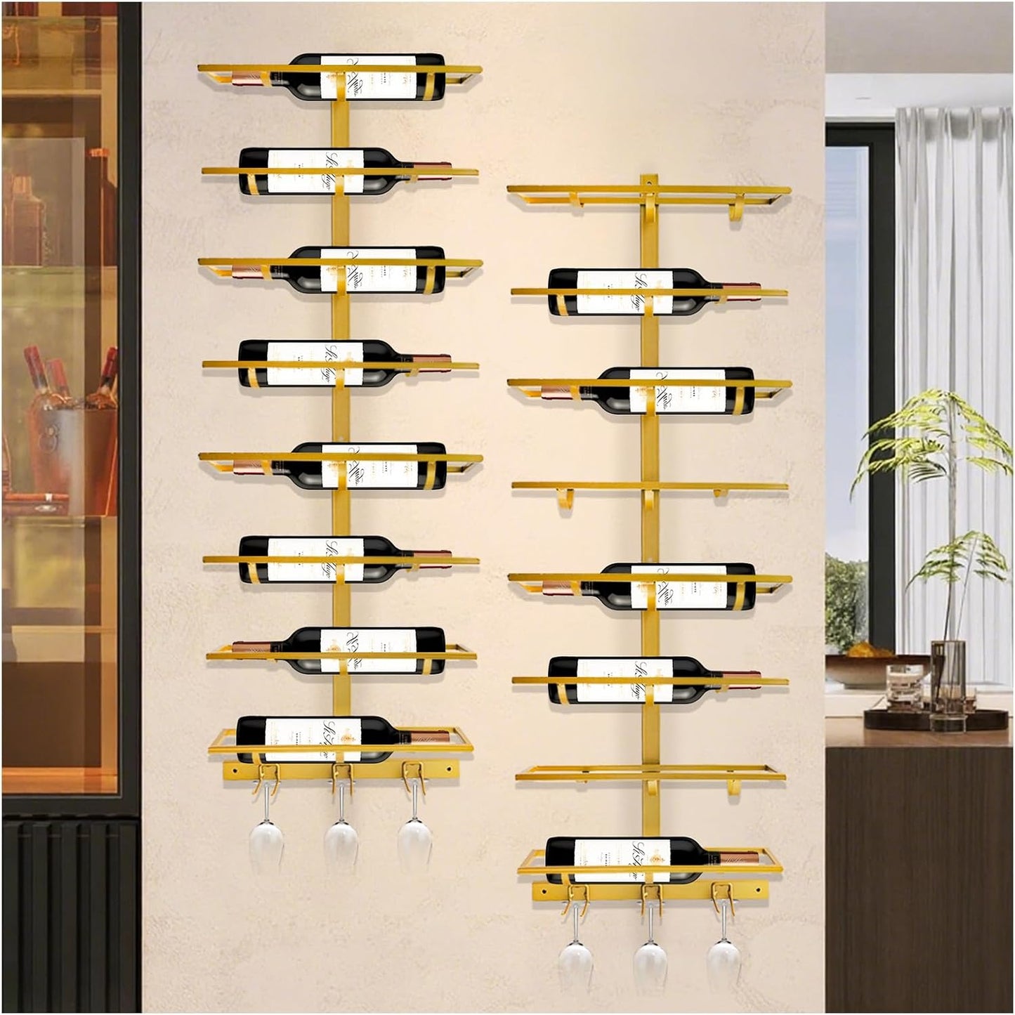 16 Bottle Wall Mount Wine Rack with Wine Glass Holder, Metal Wine Wall Rack, Wall Racks for Wine Bottles Display and Storage, Hanging Bottle Organizer for Living Dining Room Wine Cellar Bar (Gold)
