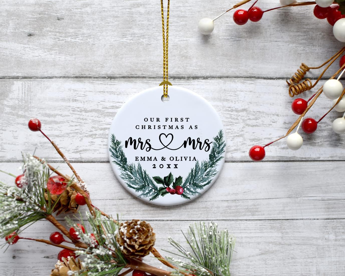 Andaz Press Personalized Our First Christmas As Mrs. & Mrs. 2025 Christmas Ornaments Holly & Pine Wreath 2.8" Round Porcelain Ceramic Lesbian Married Couple Gay Women Newlyweds Wedding Keepsake 1-Pack