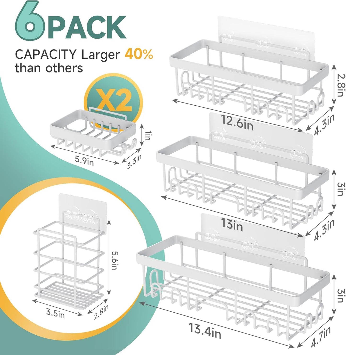 Veken 6-Pack Rustproof Waterproof Shower Caddy, Adhesive Shelves Rack with Soap Holder, Large Bathroom & Washroom Organizer, No Drilling Wall-Mounted Kitchen & Home Decor, Ideal for Bathtub Storage
