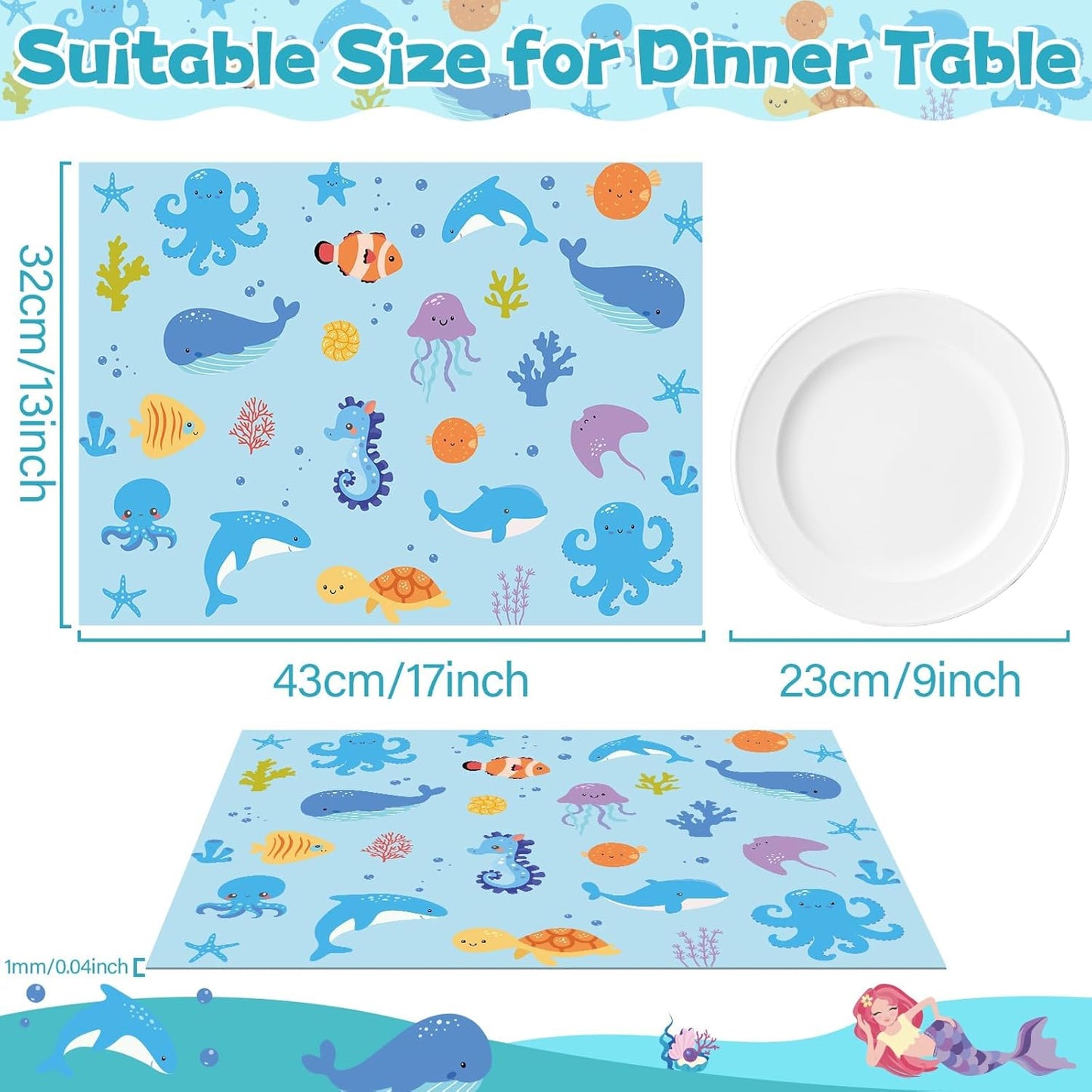 Unicorn Mermaid Kids Placemats Set of 6 Transport Dinosaur Plastic Table Mats Toddler Children Farm Ocean Animal Place Mats Washable Table Decoration for Indoor Outdoor Party Kitchen Dining