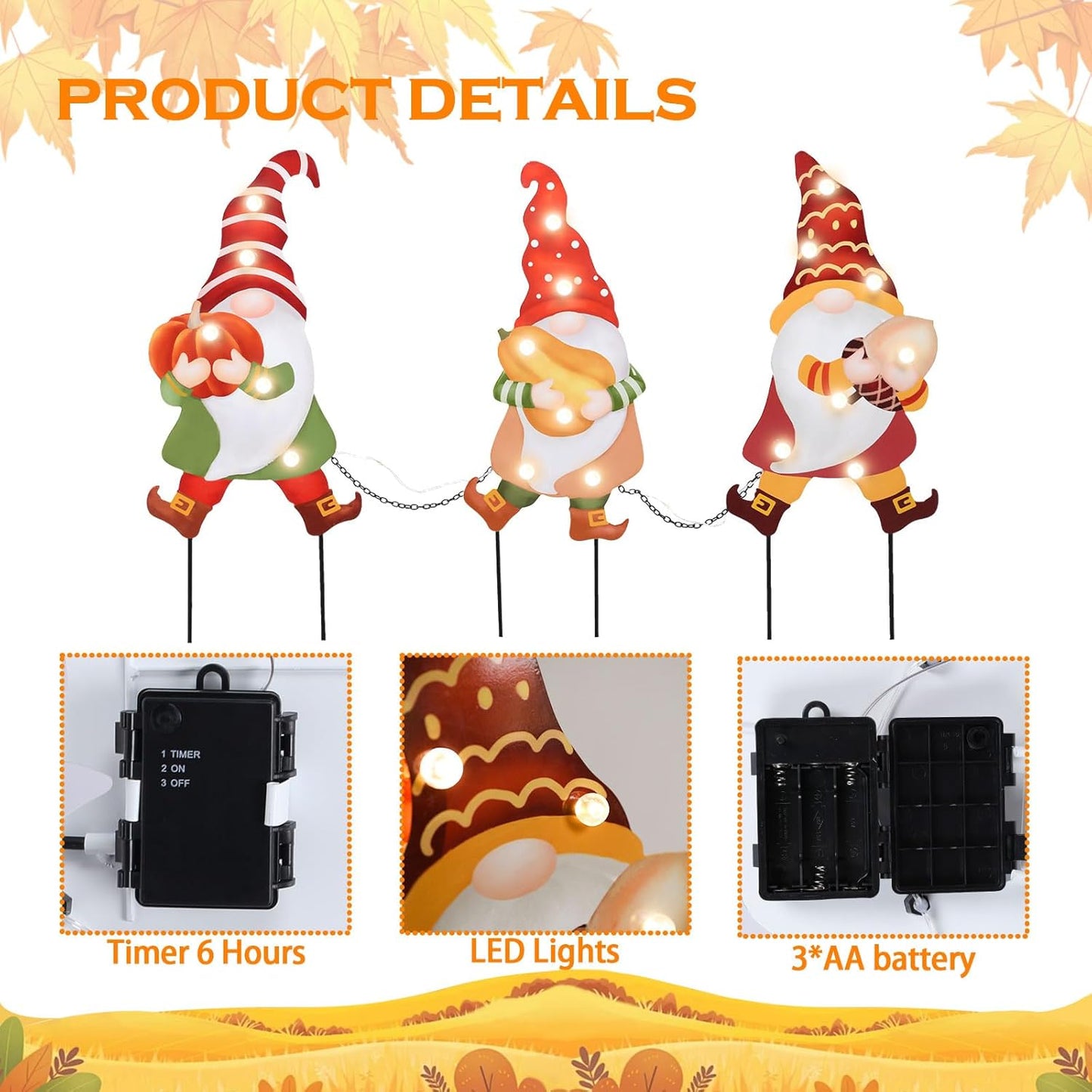 WONDER GARDEN 3 PCS Fall Yard Sign Metal Gnomes Decorative Garden Stakes with Led Lights Autumn Harvest Pumpkin Thanksgiving Garden Lawn Porch Patio Decorations Outdoor