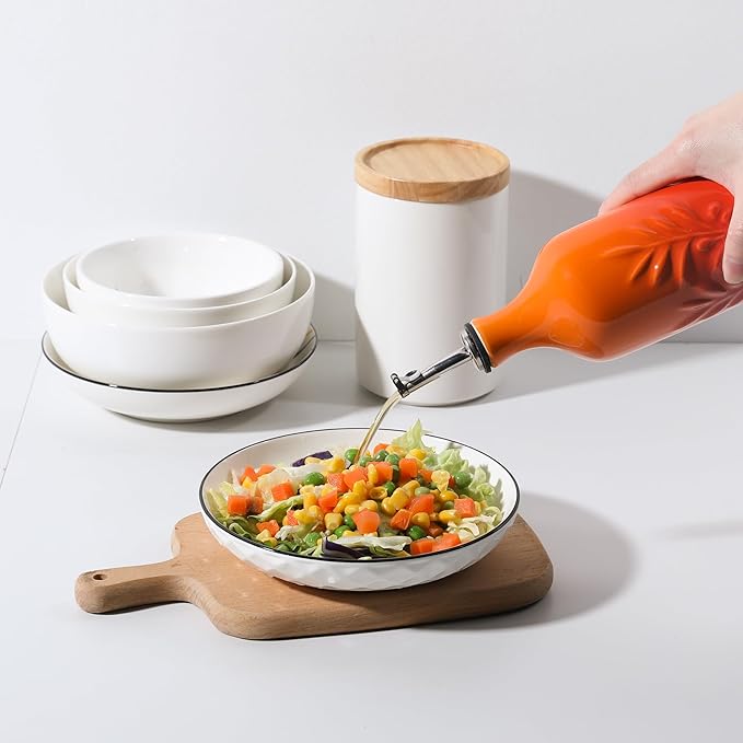 Sweejar Ceramic Olive Oil Dispenser Bottle, 20 Oz Relief Opaque Oil Cruet Protects To Reduce Oxidation, Suitable for Storage Soy Sauce, Coffee Syrup, Liquids, Set of 1 (Gradient Orange)