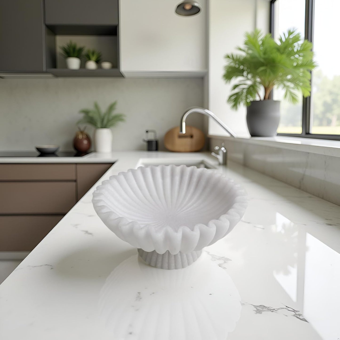 10" Large Decorative Bowl decor, Scalloped Bowls for Modern Home Decor,Ruffle Decor,Stylish Key Bowl for Entry Table,Decorative Fruit Bowl for Kitchen Counter,With base,Artificial Stone White