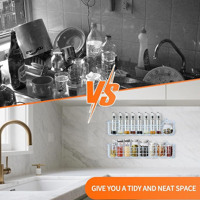 Spice Rack, 4-Pack Seasoning Organizer Wall Mount for Kitchen Storage Organization, Metal Spice Holder Shelf Saving Space for Cabinet, RV, Pantry, Blue