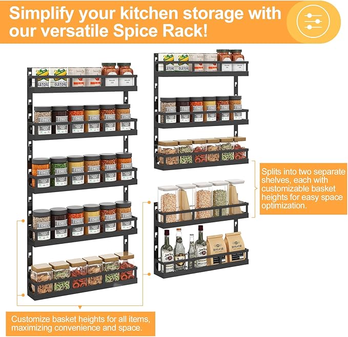 X-cosrack 5-Tier Small Wall-Mounted Spice Rack Organizer, Height-Adjustable, Space-Saving Compact Design for Kitchen Pantry Cabinet, Black