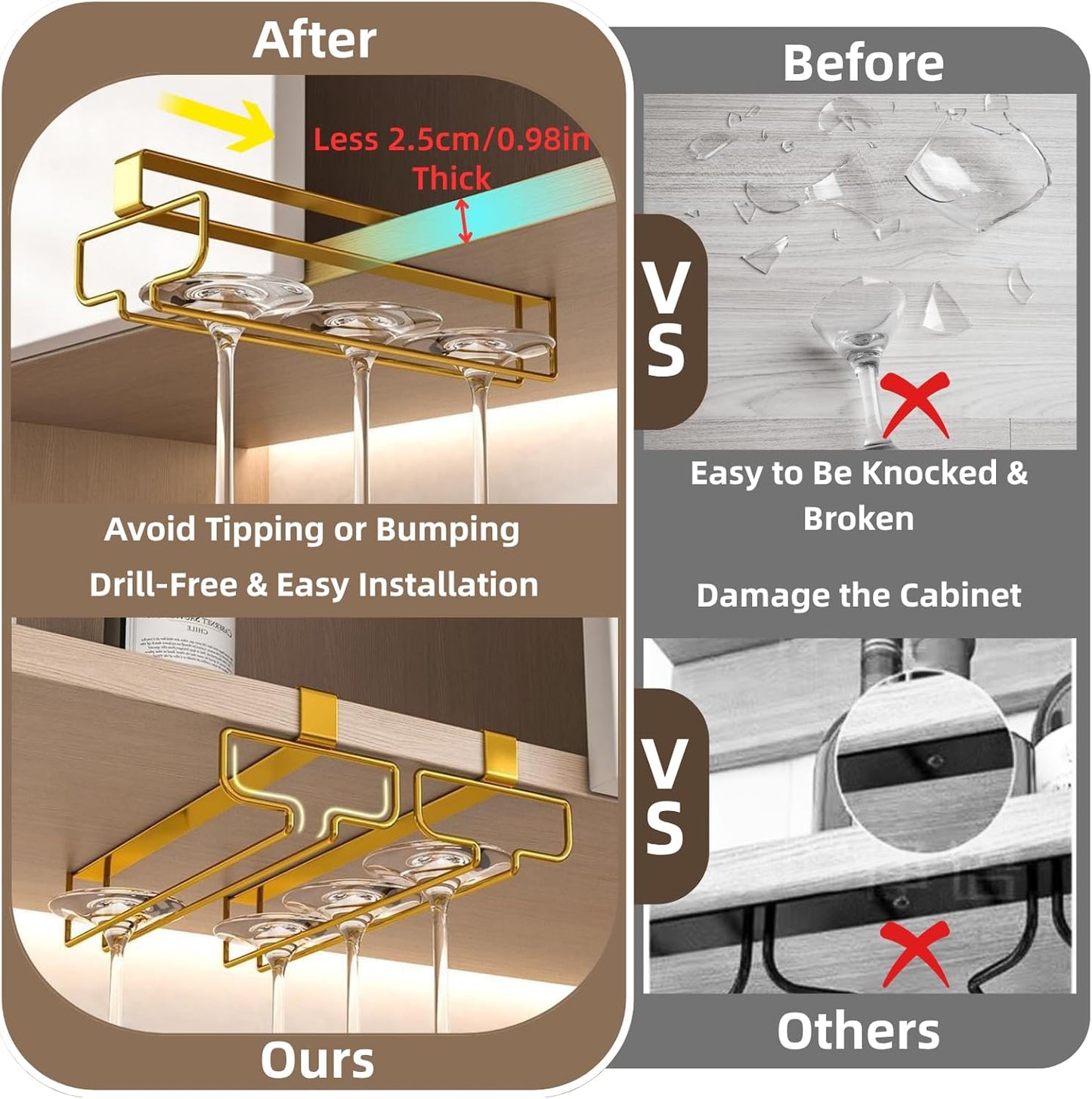 LINFIDITE Gold Under Cabinet Wine Glass Holder, 2 Pack, Space Saving, Easy Installation, Anti-Skid, Compact Design, Sturdy Materials, Affordable Gift