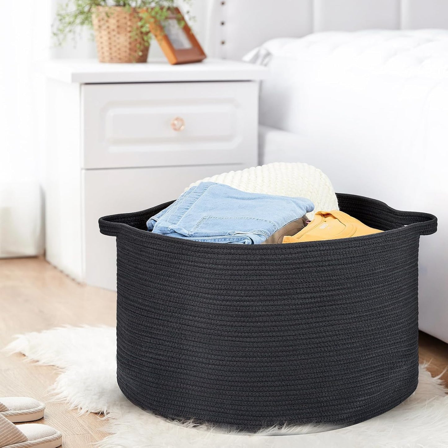 Ravinte Large Storage Basket - 22"x 22"x 14" Blanket Basket for Living Room, Baby Toy Storage Basket, Cotton Rope Basket Woven Laundry Basket (Black)