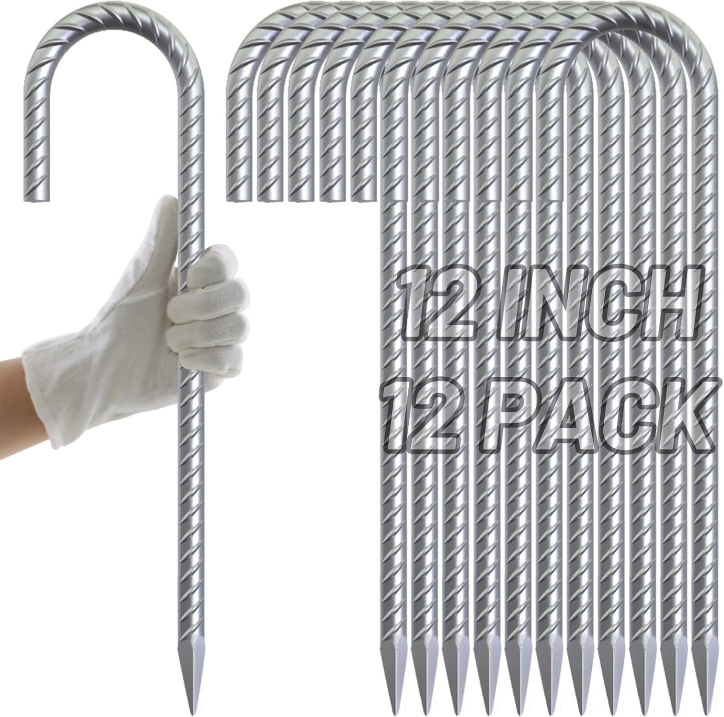AAGUT Rebar Stakes 12 inch Galvanized Metal Tent Stakes 3/8" Heavy Duty Ground Anchor Stake for Large Canopy and Fence, J Hook Stakes Easy to Push into Hard Soil,12 Pack