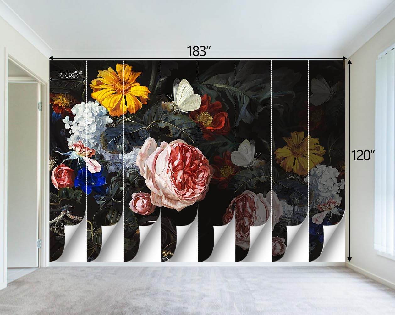 Vintage Black Flowers Mural Bedroom Peony Floral Wallpaper Room Decor Living Room tv Background Large Wall Mural - 183"x120" (Not Peel and Stick)