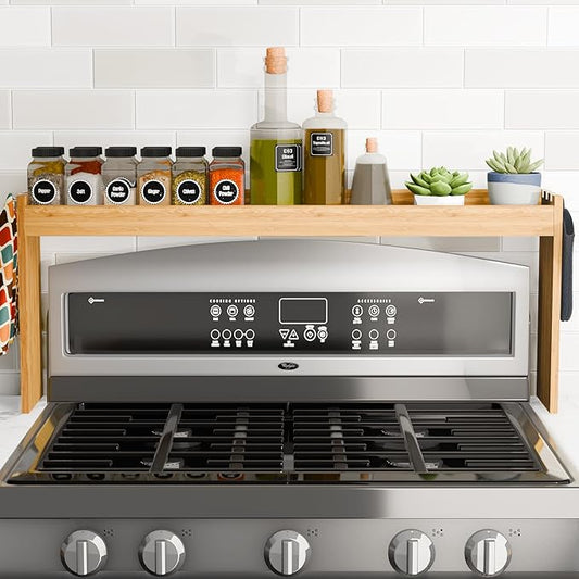 Edgecrest Bamboo Over The Stove or Sink Modern Spice Shelf, No Annoying Middle Screw, 31.5” Wide Storage, 11.4” High Countertop Shelf, 6 Side Hooks, Easy to Assemble, Eco-Friendly Durable Material