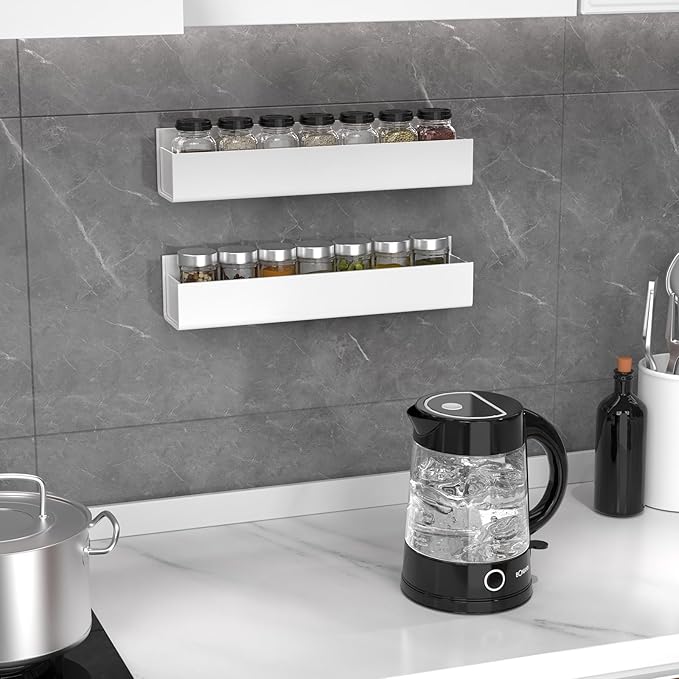 PMMASTO Adhesive Acrylic Spice Rack Organizer for Wall with Nano Double Sided Tape, Spice Shelf Organization for Kitchen Cabinet Door/Pantry Door, Wall Mount Seasoning Rack (White-2 Pack)