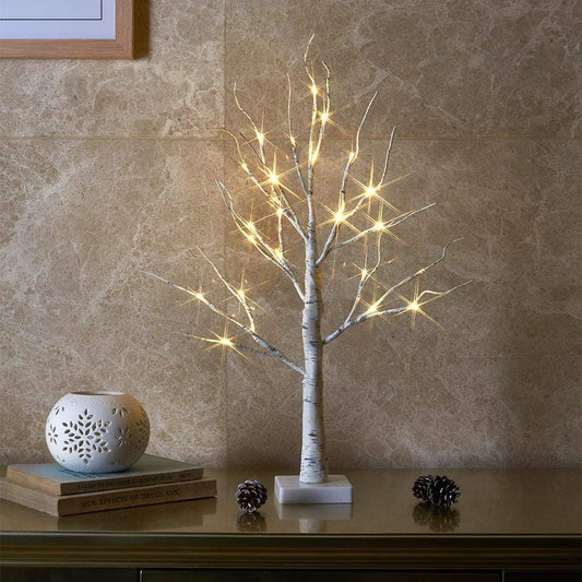 EAMBRITE Lighted Birch Tree Spring Decorations for Home, White Birch Tree with Lights, 24 LED Lighted Mini Money Tree Twig Tree Battery Operated with Timer, Christmas Indoor Centerpiece Decor (2FT)