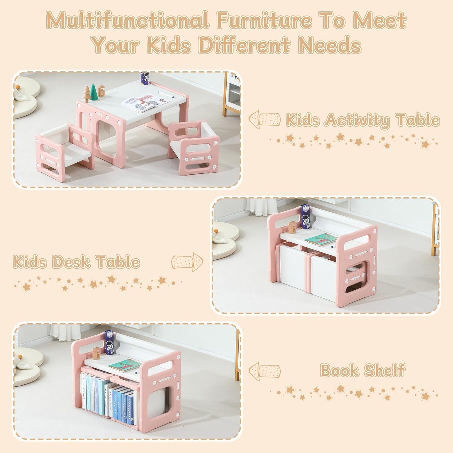 3 in 1 Montessori Weaning Table and 2 Chairs Set, Kids Desk and Chair Set, 2 Height Levels, Toddlers Activity Table for Drawing, Dining, Reading and Playing, Pink