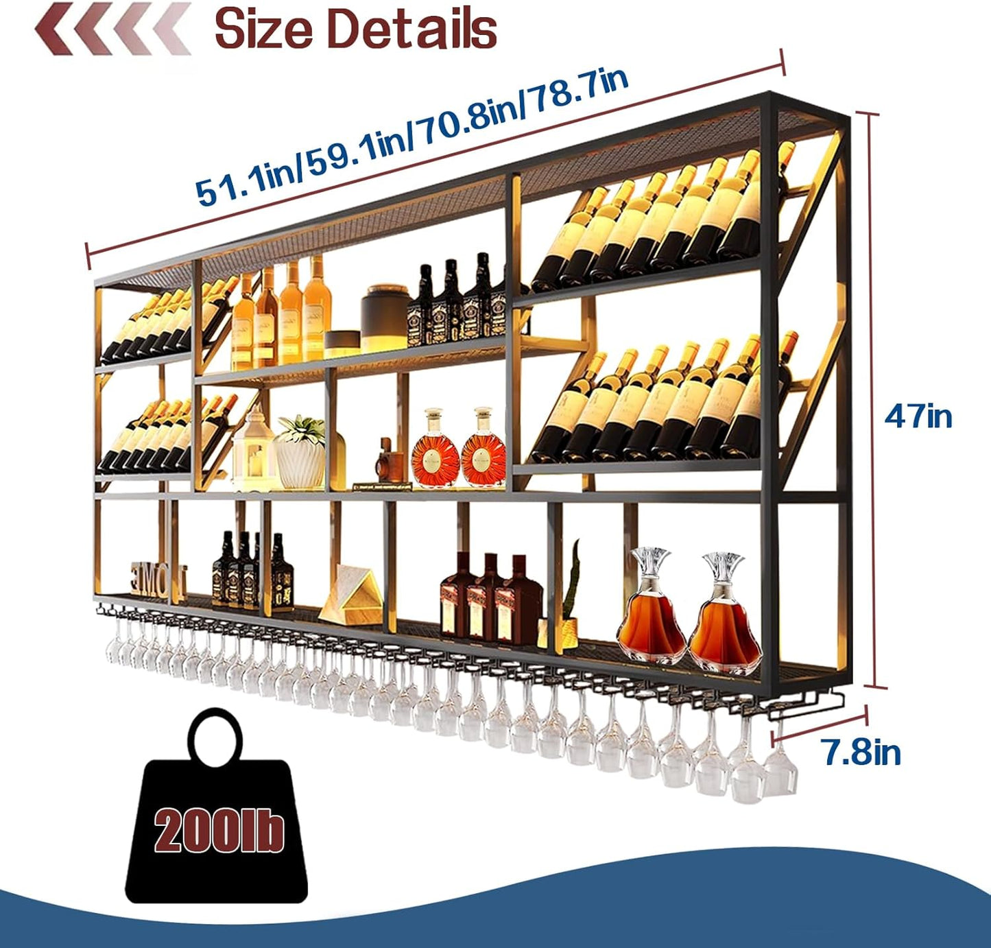 70.8Inch Wall Mounted Wine Rack, 3 Tiers Large Bar Shelves with 18 Glass Holder, Metal Wine Bottle Display Shelf, Modern Iron Liquor Shelf, for Kitchen Dining, Home Bar, Cellar (70.8" W)