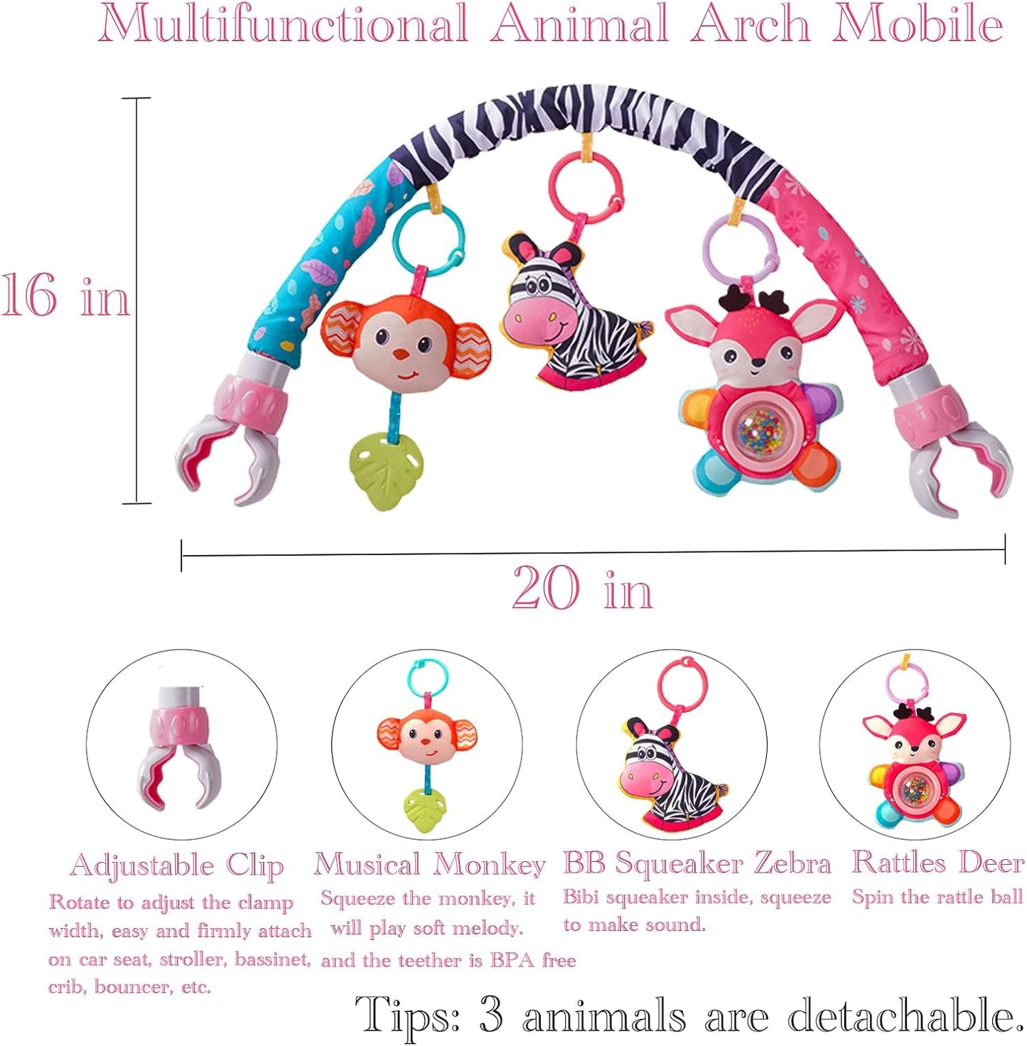 Crib Mobile for Girls, Baby Arch Mobile for Bassinet with Universal Clamps, Versatile Toy Bar for Bouncer Arch Toy 0-3 Months, Babies Gril Mobile Toys 0-6 Months Car Seat Stroller Toys