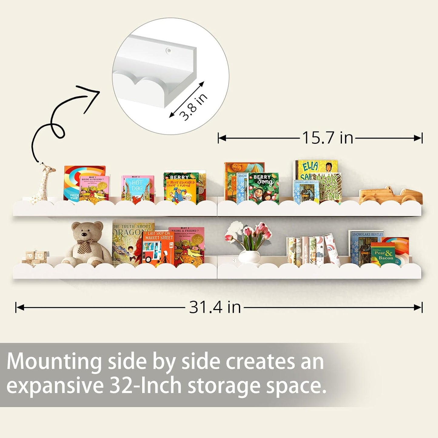 Nursery Book Shelves for Wall - Floating Kids Bookshelf for Bedroom, Nursery and Playroom - Wall Mounted, Space Saving, Easy to Install, Holds Multiple Books - Ideal for Children’s Room Storage