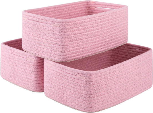 3 Pack Small Storage Baskets for Organizing, Cute Woven Decorative Gift Baskets for Shelves, Mini Closet Organizer Bins with Handles, 11.81''Lx7.87''Wx4.72''H-Pink