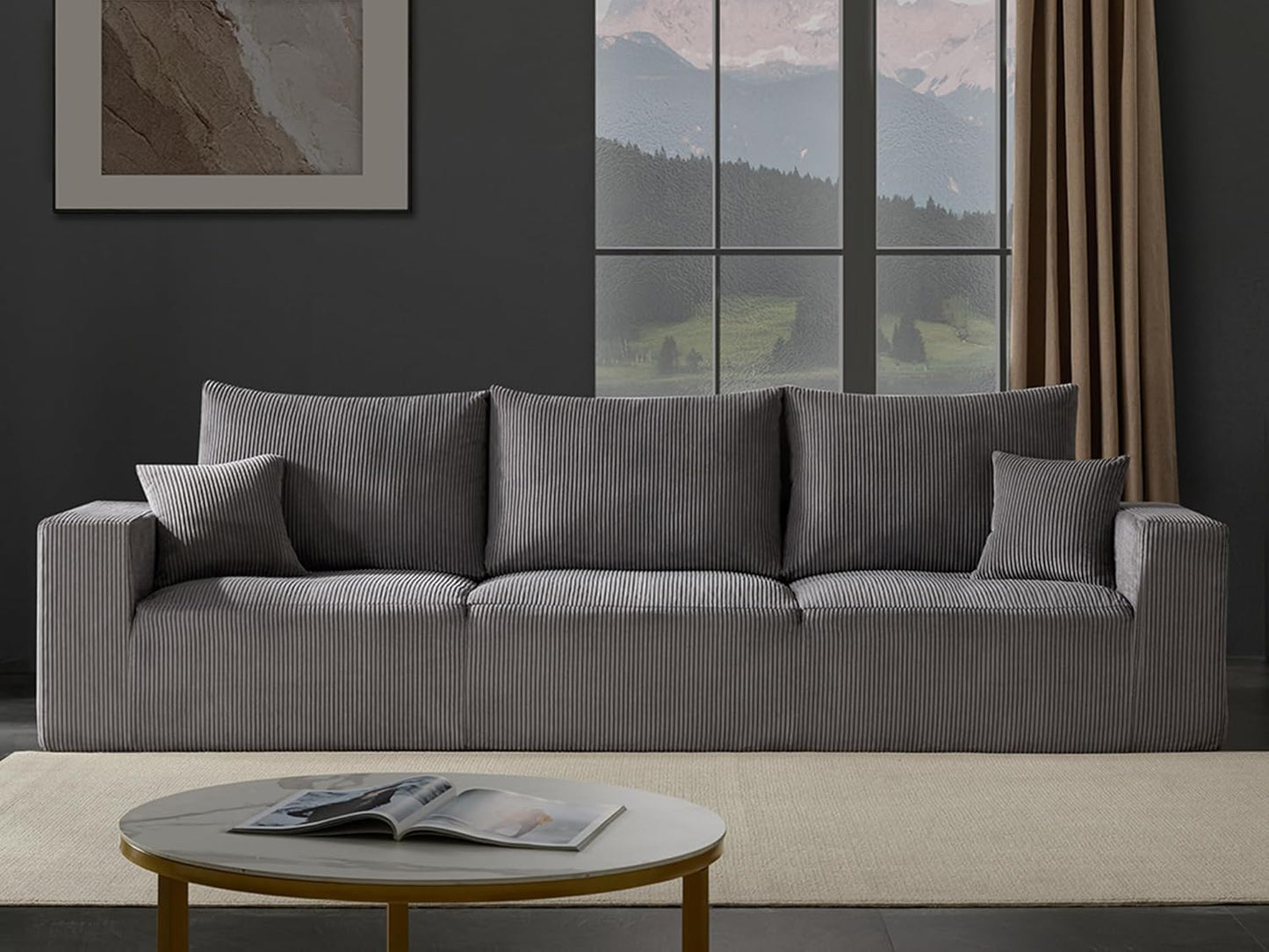 Boneless Cloud Couch Sofa for Living Room, 112" 3 Seater Grey Modern Lounge Sleeper Couch, No Assemble, Cordury Compression Upholstered Couches