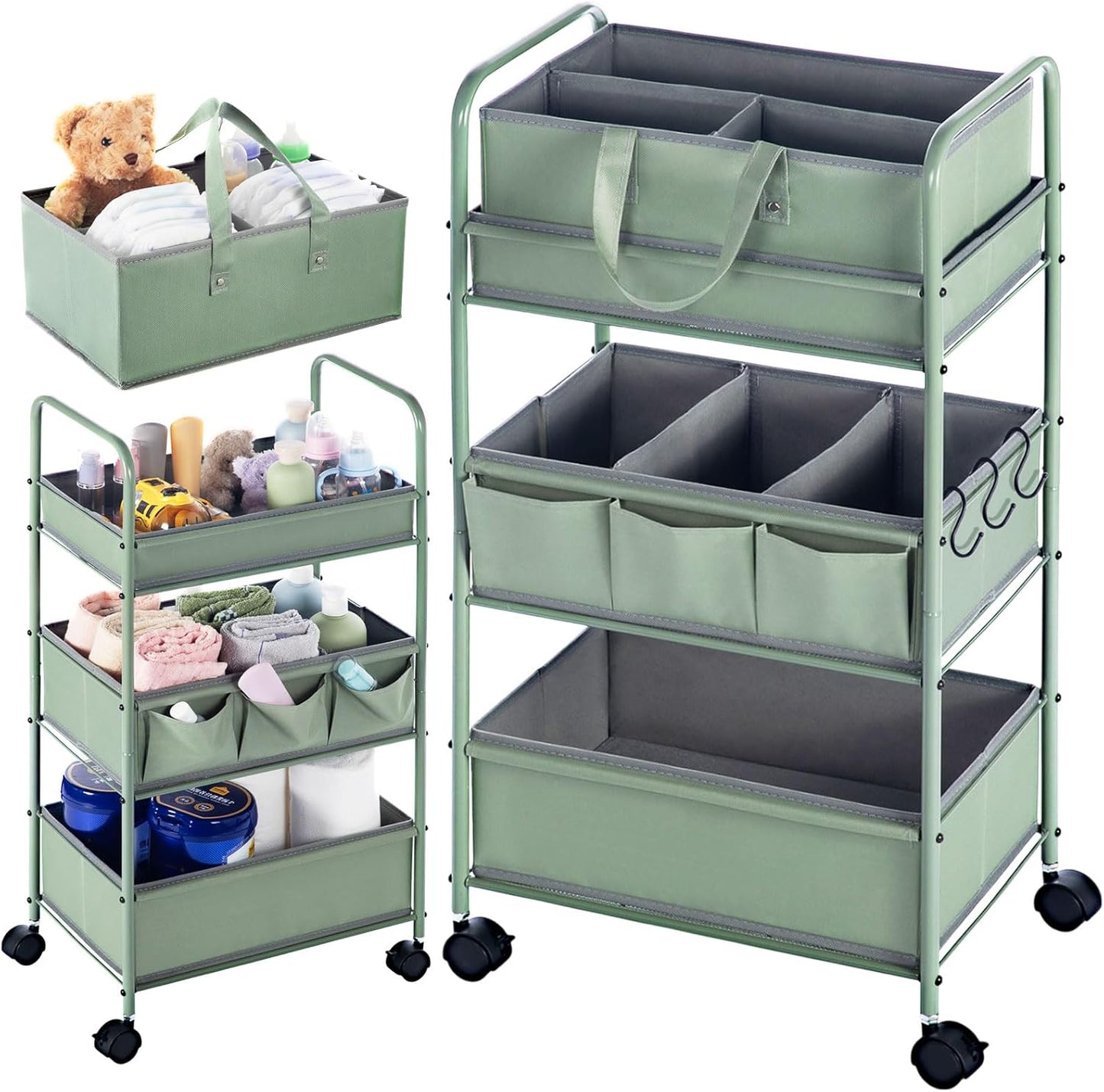 Honeydak 2in1 Baby Diaper Caddy Organizer Cart 3 Tier Large Capacity Metal Utility Bedside Rolling Cart with Divider for Newborn Nursery Essential Must Have for Crib Bedroom Baby Shower(Green)