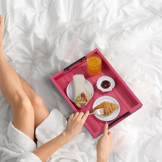 Ottoman Tray | Coffee Table Tray Decorative, Serving Tray with Handles - 17x13 Inch Wood Tray for Coffee Table Tray - with 4 Wooden Coasters -Tray for Ottoman, Breakfast