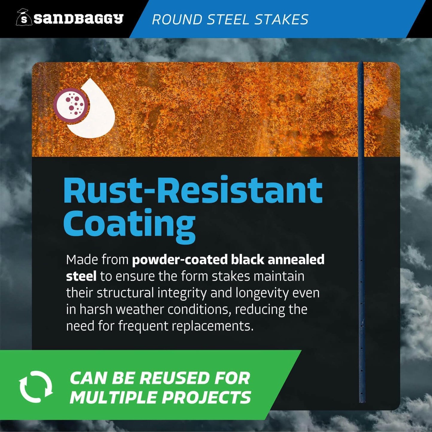 Sandbaggy Round Steel Concrete Form Stakes with Nail Holes - Rust Resistant Coating - Removable, Reusable (5, 3/4 in X 48 in)